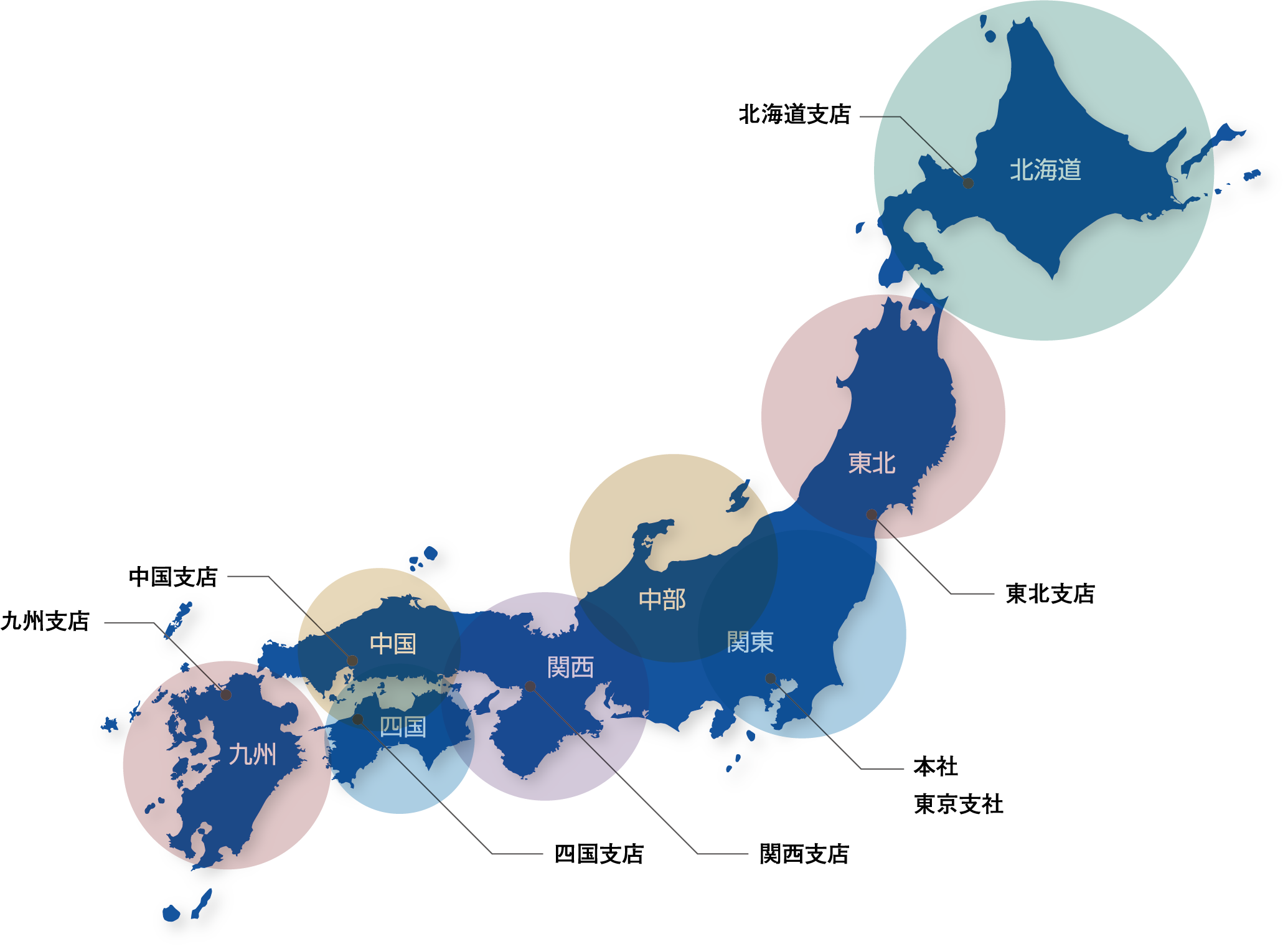 支店の場所を示した日本のマップ